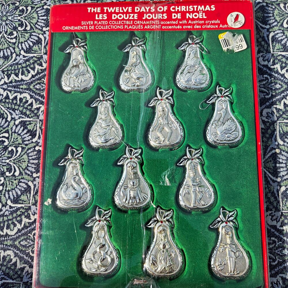 Vintage 12 Days Of Christmas Silver Plated Pear Ornament Set Complete In Box